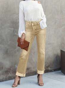 Women's Casual Distressed Asymmetrical Waist Denim Jeans