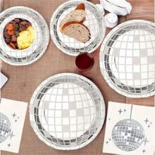 75pcs Silver Disco Party Disposable Tableware Set, Includes 7-Inch Plates, Cups, Napkins With Silver Disco Ball Pattern, Suitable For Disco Parties, Theme Parties, Birthdays, Events, Outdoor Gatherings, And Dining