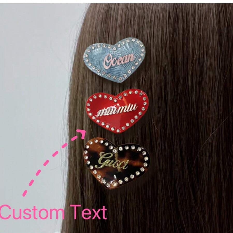 Pinza de cabello personalizada de acrílico con nombre, pinza de cabello DIY con rhinestones con forma de corazón, accesorio de cabello de alta gama como regalo para novia, dama de honor