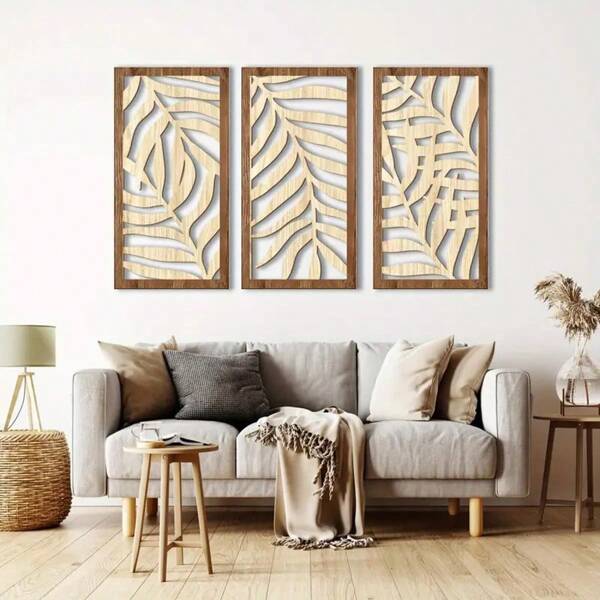 Juego de 3 obras de arte de pared de madera rústica con hoja de palma - 15x7.8 pulgadas Decoración de hojas de Monstera abstractas para sala de estar, dormitorio, oficina | Esculturas minimalistas de hojas de plátano para uso en interiores, decoración de pared interior | Tema tropical | Marco de madera