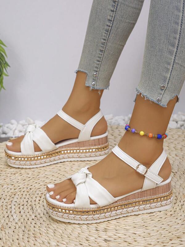 Plus Size Women's Studded Ankle Strap Strap Platform Chunky Heeled Sandals, White High Heel Wedge Summer Sandals Suitable For Elegant Vacation
