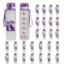 1pc 34OZ/1000ml Durable Outdoor Large Capacity Water Bottle With 26 Letter 3D Printed Rose Pattern, Leak-Proof, One-Click Open Lid, Time & Volume Markings, Suitable For Outdoor Activities, Camping, Fitness, Running, Basketball, School, Gifts For Easter, Independence Day, Mother's Day, Birthday - Multicolor - View 2