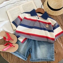 幼儿男童短袖 Polo 衫，新款夏季条纹休闲凸纹领上衣，时尚柔软 T 恤