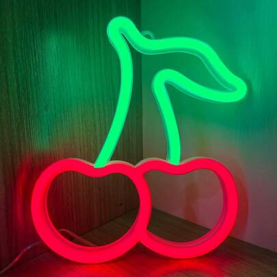 1pc Cherry Neon Sign Light, Pink Color, 8.07" X 7.28" (20.5 X 18.5cm), LED Decor Lamp, Battery Or USB Powered, Green & Pink Cherry Neon Light, Suitable For Room, Restaurant, Bar, Fruit Shop