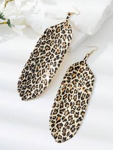 1 对女士超大几何羽毛纹理叶子吊坠耳环，节日派对礼物 - 豹紋 - 查看 2