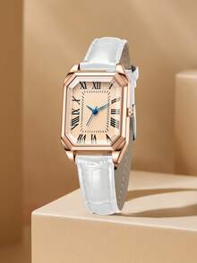 1pc Women's Brown PU Leather Belt Fashionable Casual Retro Small Square Roman Letter Dial Quartz Watch For Daily Wear Or Holiday Gifts - one-size - View 5