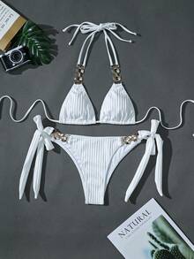 Sommer einfarbig elegante Lässig Metal Dekor Bindetop Bikini-Sets für Damen - Weiss - Übersicht 2