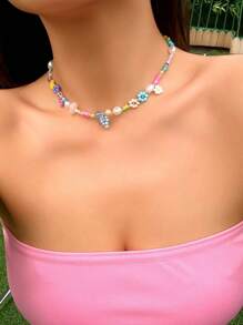 1 Pieza Collar con dije de flor de perla multicolor y cuentas (color de las cuentas de arroz al azar)
