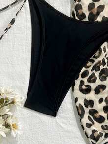 3pcs Leopard Print Cute Casual Backless Criss-Cross Strap Massage Cup Sheer Skirt Beach Date Holiday Summer Massage Cup Beach Dress Leopard Print - Multicolor - View 5