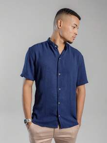 Men's Short Sleeve Shirt Elegant Casual Party Work - 寶藍色 - 查看 4