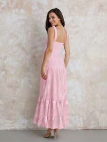 Women Summer Sleeveless Dress Casual Striped Print Ruffled A-Line Party Dress For Beach Club Streetwear - 紅色 - 查看 5