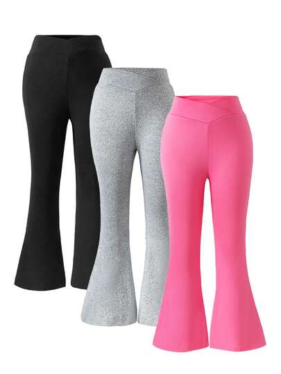 3pcs/Set Girls Flared Pants, V-Waist, Comfortable & Versatile Summer Casual/Sportswear