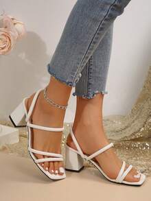 女士 PU 皮革系带凉鞋，新款夏季粗跟韩版时尚户外拖鞋，黑色 - 白色 - 查看 3