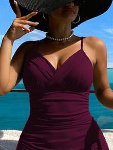 性感纯色交叉褶皱紧身连体比基尼泳装，流行欧美风格