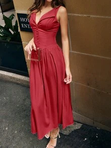 Women's Elegant Solid Color Button Low Waist Patchwork Midi Dress - Red - View 3