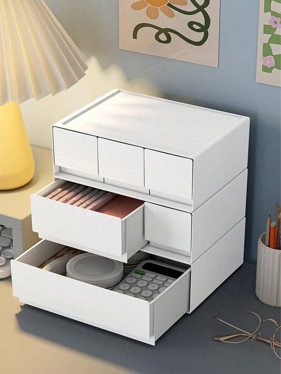 1 Stück Desktop Aufbewahrungsbox für Büromaterial und Kosmetik, weiße Kunststoff Schubladen Organizer Box für Makeup, Schmuck, Büromaterial, stapelbare modulare Aufbewahrung - Weiss - Übersicht 1