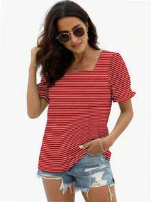 hupos Women's Casual Square Neck Short Sleeved Summer T-Shirt - Sọc đỏ - Xem 4