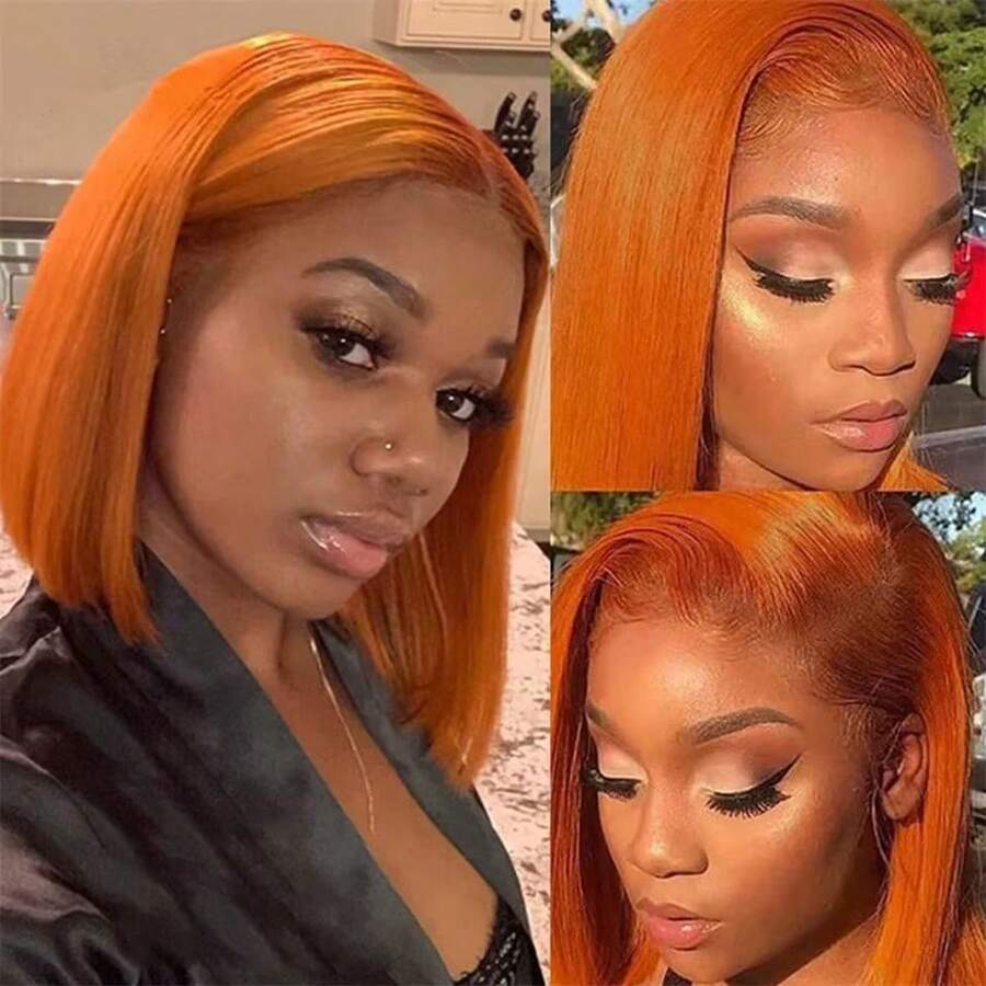 13x4 Lace Front Short Bob Wig 350 Ginger Orange Color 13x4 Straight Transparent Lace Frontal Wigs Human Hair For Black Woman 10 Inch - S350 - Xem 1