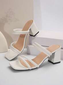 女士 PU 皮革系带凉鞋，新款夏季粗跟韩版时尚户外拖鞋，黑色 - 白色 - 查看 5