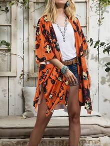 Orange Floral Print Open Front Kimono Cardigan - Bohemian Style Casual Beach Cover-Up
