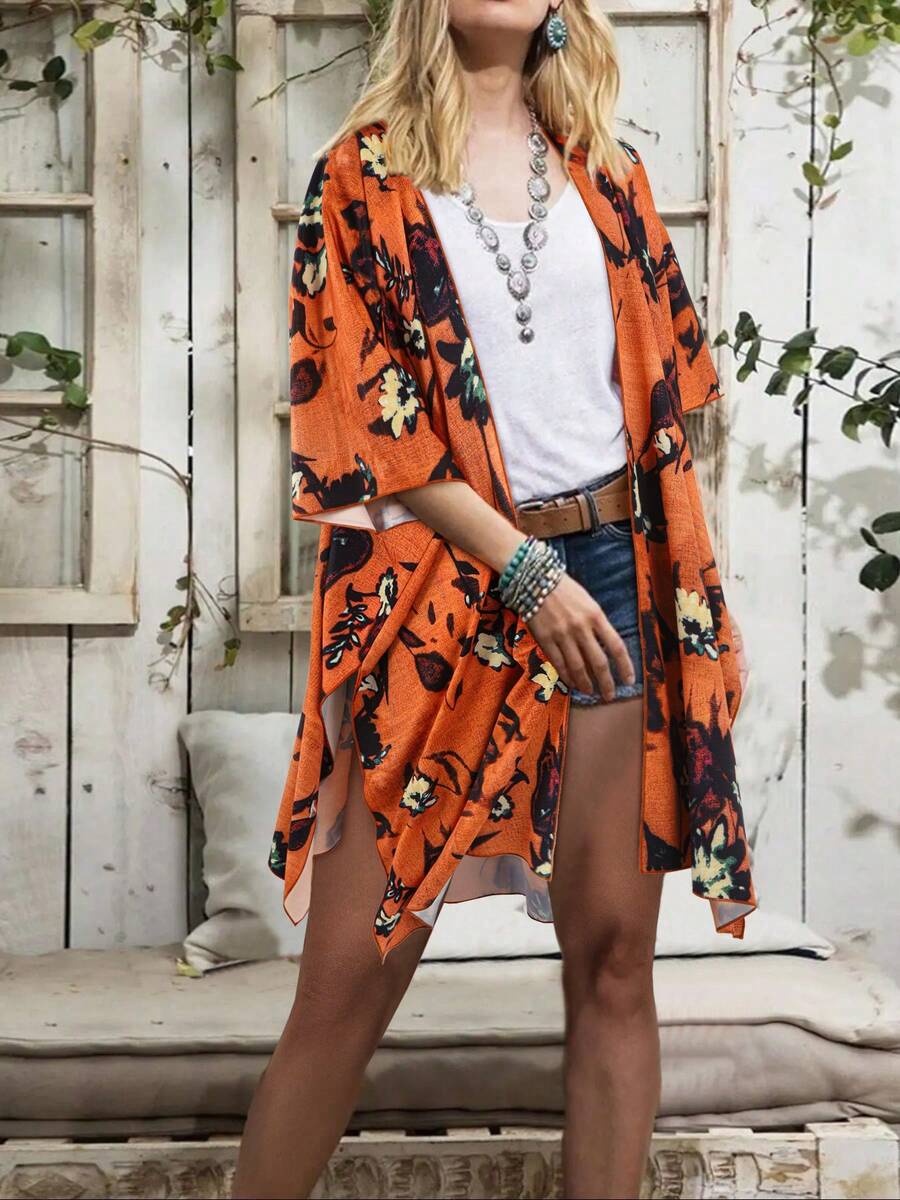 Orange Floral Print Open Front Kimono Cardigan - Bohemian Style Casual Beach Cover-Up