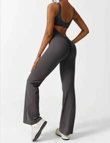VOYJOY VOYJOY Mono acampanado para mujer, mono ajustado con fruncido en el trasero, mono largo sin mangas, deportivo, sin espalda, mono de yoga, bodycon, traje de cuerpo entero de una pieza, mono elástico elegante, negro