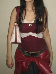 Women's Vintage Velvet Tank Tops Y2K Fairycore Lace Bow Cami Tops Teen Girls Sleeveless Cute Slim Fit Crop Tops E-Girls Camisole For Streetwear - 酒紅色 - 查看 6