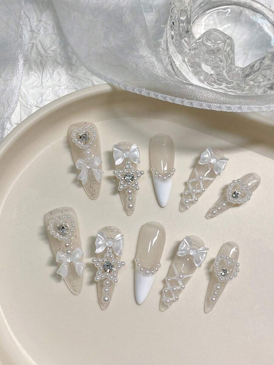 10pcsPure Handmade Sparkling French Fine Sparkling Faux Pearl Lines Exude A White Temperament, High-End Wearable Nail Art Press On Nails Nail Supplies - Multicolor - View 1