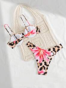 Women's Leopard And Flower Print Sexy Bikini Set - Multicolor - View 2