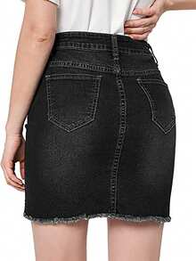Women's Mini Denim Skirt Casual Antique Wash Grinding Edges With Pocket Elastic Pencil Skirt - 黑色 - 查看 7