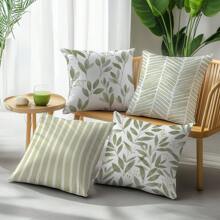 Set de 4 fundas de cojín con patrón geométrico de hojas minimalistas en color verde, material de terciopelo melocotón impreso por un solo lado, tamaños 45*45/50*50/40*40CM para decoración de sofá moderno, decoración de fiestas, regalo