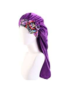 1pc Long Satin Printed Braided Hat - Sleep Silk Hair Cap With Elastic Straps, Suitable For With Curly Hair(Random Print Pattern) - A - View 9