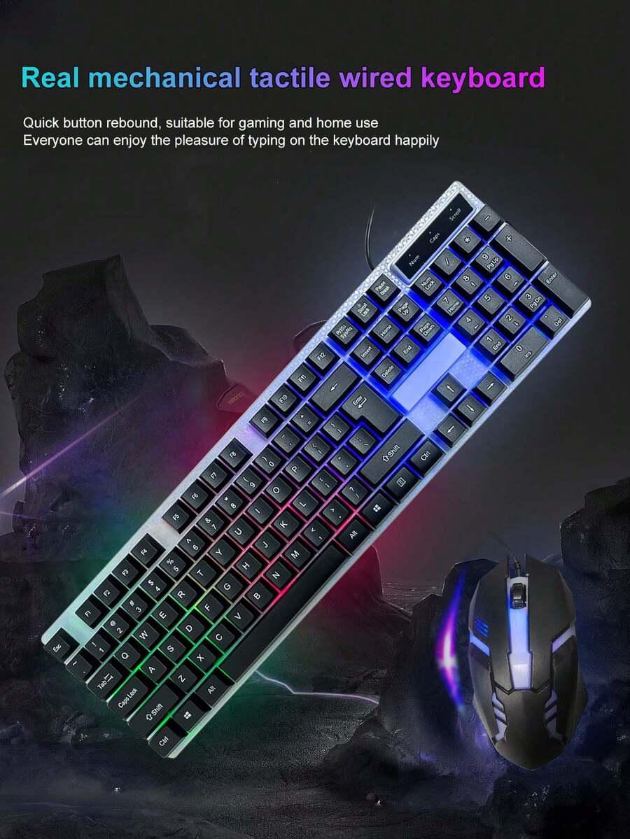 Combo de teclado y mouse con retroiluminación con cable, teclado con cable con sensación mecánica y retroiluminación para oficina y juegos, accesorios de computadora de escritorio y portátil - Multicolor - Ver 1