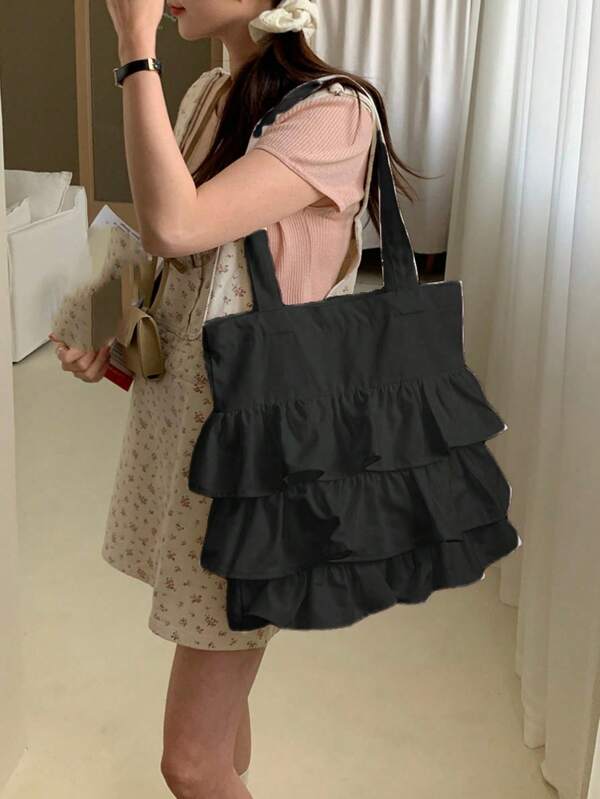 حقيبة كانفاس ذات كشكشة على الكتف موديل جديد لصيف 2024، الإصدار الكوري للأدبيات الفنية، حقيبة مدرسية للطالبات، حقيبة كانفاس خفيفة للفتيات الهادئات