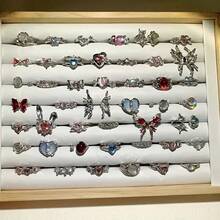 Bộ 10 chiếc/gói nhẫn hở hợp kim kẽm khảm đá mặt trăng sang trọng, bộ trang sức nhẫn nhiều kiểu dáng thanh lịch, đa năng cho tiệc tùng, đám cưới, trang phục hàng ngày, quà tặng tốt nhất, lựa chọn ngẫu nhiên trong bao bì túi OPP - Bạc - Xem 12