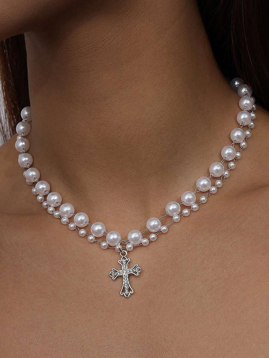 1pc Creative Double-Layer Pearl Cross Necklace, For Daily Wear - Silver - View 1