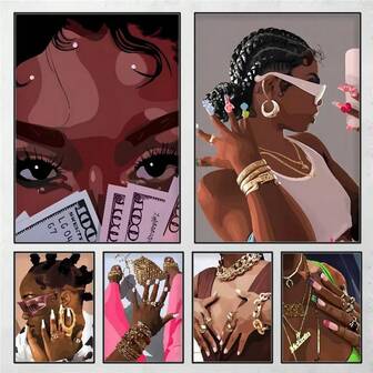 1 pieza Arte de pared Pósteres sin marco Pop 1 pieza Póster de joyería de hip hop dorada Pegatina de papel a prueba de agua autoadhesiva para decoración de pared de sala de café, bar, Obra de arte con marco