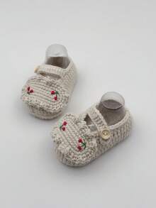 1 Pair Infant Knit Booties With Floral Embroidery, Mary Jane Style, Button Closure - Beige - View 9