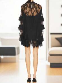Women Lace Dress, Long Sleeve Crew Neck Sheer Dress Cocktail Dress Fall Mini Dress - màu đen - Xem 5