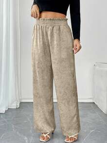 Pantalón recto casual para uso básico de dama liso con resorte de moda - Caqui - Ver 1