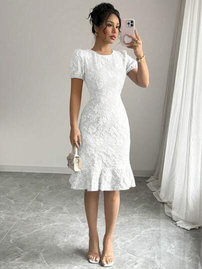 2025 Spring Summer Women's Summer Elegant Jacquard Texture Solid Color Round Neck Ruffled Skirt Puffy Sleeve Mid-Length Dress