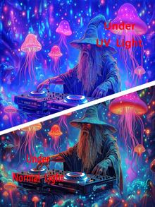 لوحة جدارية ذات تأثير ضوئي تفاعلي مع الأشعة فوق البنفسجية، تصور غابة الفطر الفسفورية الساحرة، موجات الصوت الحيوية، ديكور بوهيمي مثير للاهتمام لغرفة النوم أو استوديو الموسيقى لعشاق الموسيقى الإلكترونية والأجواء الساحرة