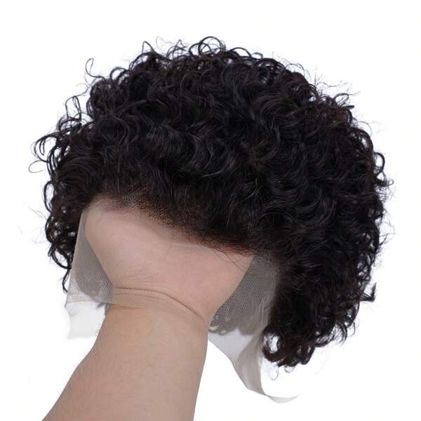 Parrucca a caschetto corto riccio da donna in capelli umani, parrucca frontale in pizzo per taglio pixie, 13x1 pollici, ricci naturali neri, densità del 150%