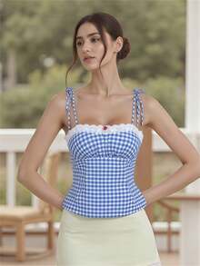 Women's Fitted Cami Tops Sleeveless Lace Trim Plaid Print Slim Fit Camisole Tank Tops - 藍色 - 查看 2