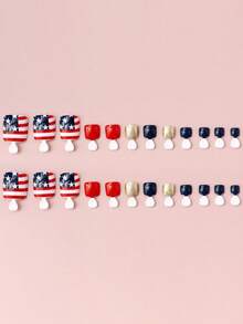24pcs Short Square Press-On Nails With Patriotic Flag - Toe Nail Art - Festive And Bold, Perfect For Independence Day Celebrations And Patriotic Fashion Lovers - Multicolor - View 4