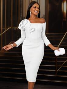 女士不对称领七分袖修身连衣裙，饰有花卉图案，优雅 - 白色 - 查看 2