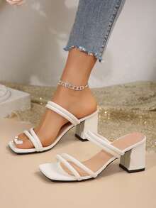 女士 PU 皮革系带凉鞋，新款夏季粗跟韩版时尚户外拖鞋，黑色 - 白色 - 查看 4