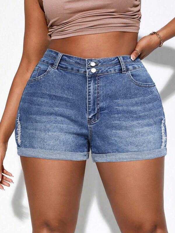 Damen Große Größen Zerrissene ausgefranste Saum Lässig Jeans Shorts mit Taschen für den Sommer