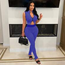 Women 2pcs/Set Casual Sexy Halter Cropped Tank Top And High Waisted Pants Suit - Blue - View 4