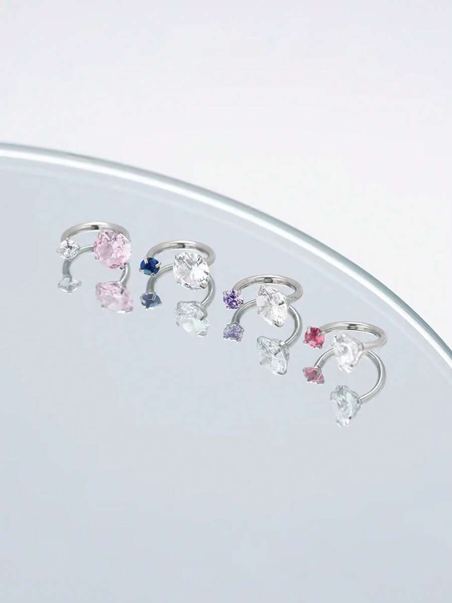 1/6 Pc Elegant Stainless Steel Zirconia Huggie Earring For Cartilage, Helix, Tragus, Nose, Septum, Lip - Sexy Style, Versatile Piercing Accessory - Silver - View 1